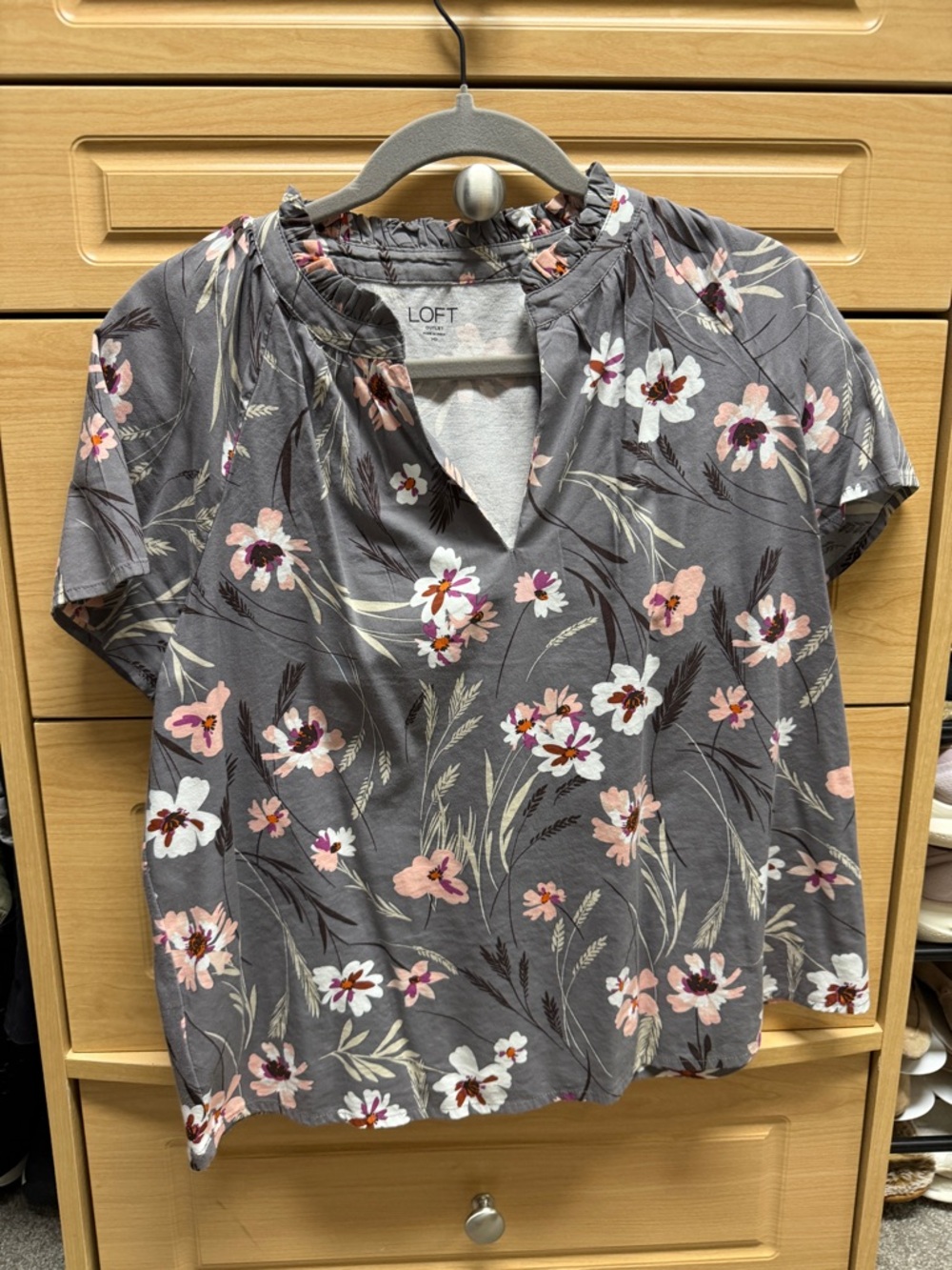 LOFT Gray Floral Notch-Neck Blouse with Pink Accents